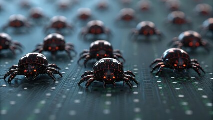 A digital artwork depicting malware bugs represented by broken pixels in a swarm-like formation.