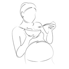 One continuous line art drawing flat illustration vitamin, pregnant, salad, food, mother, vegetable, eating, lifestyle. Isolated image hand draw outline on white background
