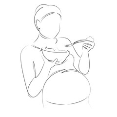 One continuous line art drawing flat illustration vitamin, pregnant, salad, food, mother, vegetable, eating, lifestyle. Isolated image hand draw outline on white background