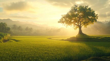 Obraz premium Sunrise over Rice Paddy with Tree; Peaceful Rural Landscape; Inspiring Nature Scene; Use Stock Photo