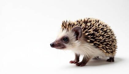 Fototapeta premium A single hedgehog against a stark white backdrop, showing its spines clearly , white, image, animal