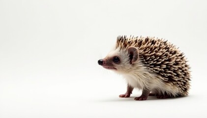 Obraz premium A lone hedgehog on bright white backdrop, facing right, spines visible , one, adorable, single