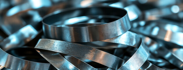 macro shot of pile of stainless steel and metal strips, reflecting light with a polished and brushed texture. scrap metal shavings twisted into loops and curves