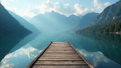 Obraz premium Serene Wooden Dock Extending into a Picturesque Mountain Lake Reflecting Clouds and Majestic Peaks