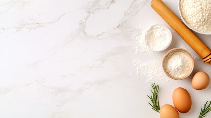 Ingredients and tool for baking displayed on a marble countertop with egg, flour, and herbs