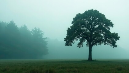 Obraz premium A solitary tree in the forest with misty atmosphere, tree, nature