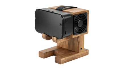 Modern Virtual Reality Headset on a Stylish Wooden Stand with Cooling Fan, Perfect for Immersive Gaming and Entertainment Experiences