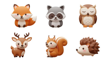 Obraz premium Cartoon Forest Animals Characters Featuring Fox Raccoon Deer Owl Squirrel Hedgehog