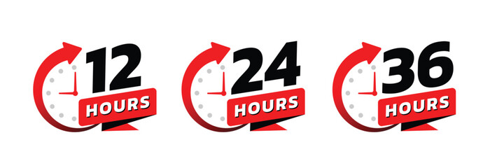 Hour timer icons. 12, 24 and 36 hours, clock face icon. Timer showing hours. Flat icon vector isolated on white background.