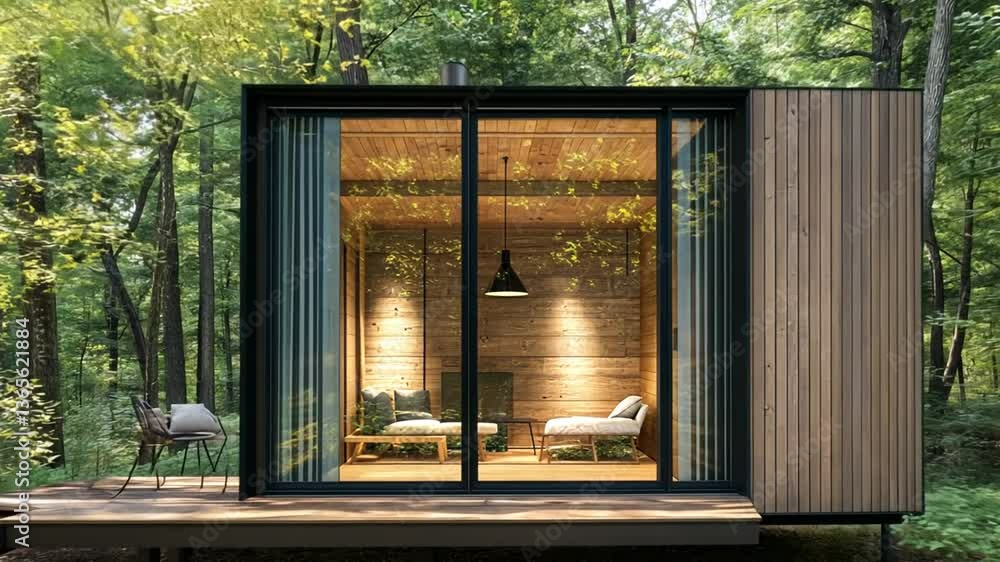 Poster modern home cabin nestled in a serene forest setting generative ai