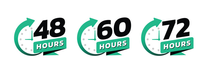 Hour timer icons. 48, 60 and 72 hours, clock face icon. Timer showing hours. Flat icon vector isolated on white background.