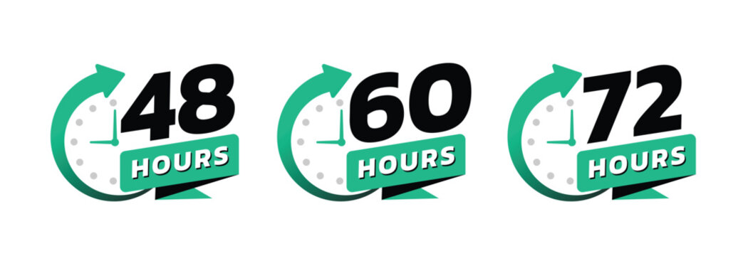 Hour timer icons. 48, 60 and 72 hours, clock face icon. Timer showing hours. Flat icon vector isolated on white background.