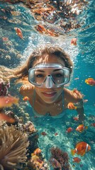 Woman diving into crystal-clear turquoise waters, exploring vibrant coral reefs filled with life and colorful fish
