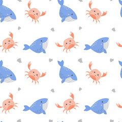 Cute whale and crab seamless pattern with cartoon sea creatures in blue and orange.