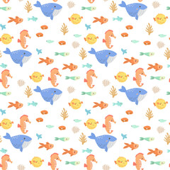 Colorful underwater pattern with whales, fish, seahorses, and coral.