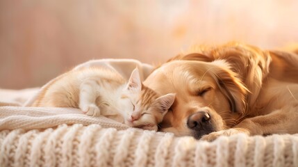 Fluffy Golden Retriever and Tiny Kitten Cuddling Together on Soft Blanket