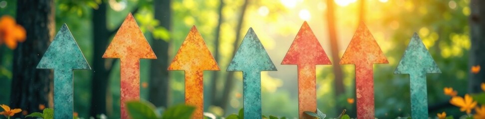 Paper arrows on a canvas background with blurred forest scenery, forest landscape, branching road, choices