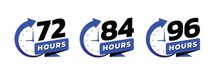 Hour timer icons. 72, 84 and 96 hours, clock face icon. Timer showing hours. Flat icon vector isolated on white background.