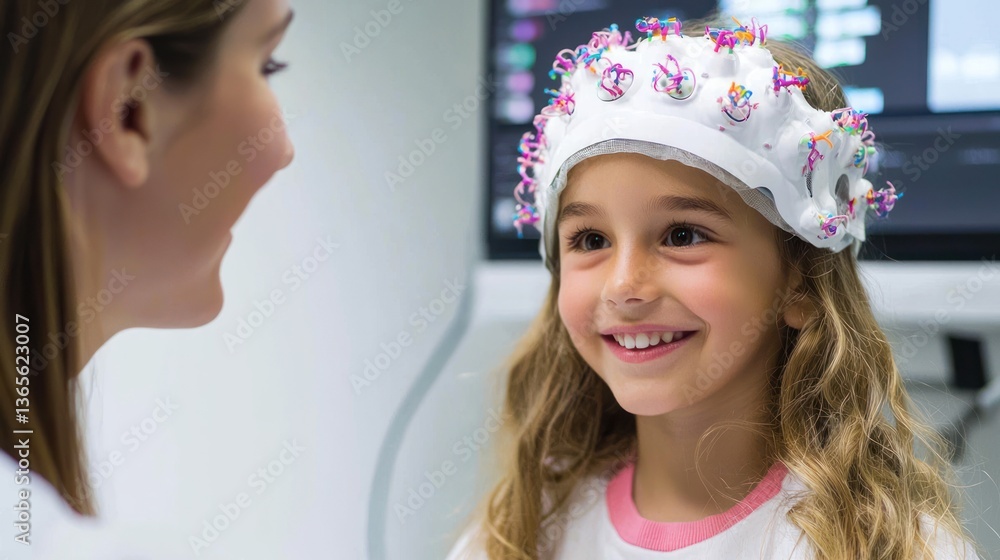 Poster child undergoing a pediatric eeg test with a smiling technician.