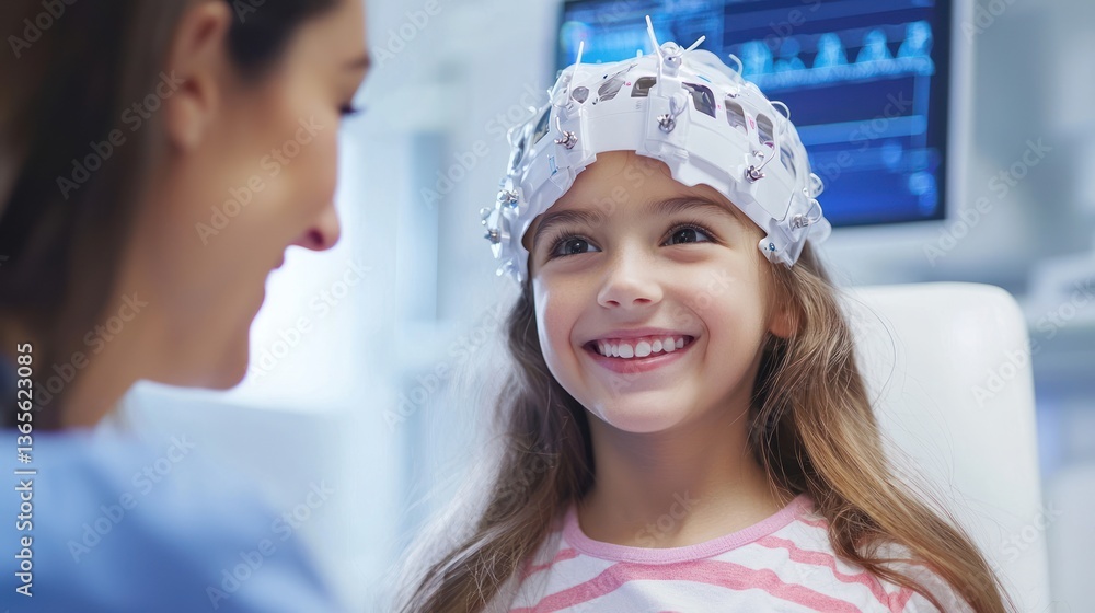 Poster child undergoing a pediatric eeg test with a smiling technician.