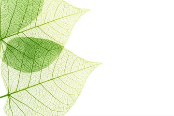 Delicate green leaves with veins on white background