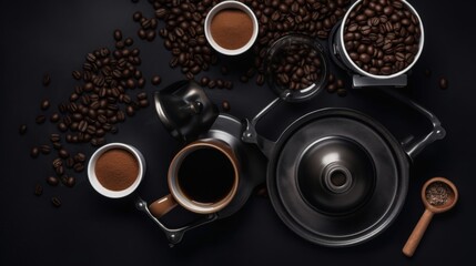 Moody coffee setup with cups and beans.