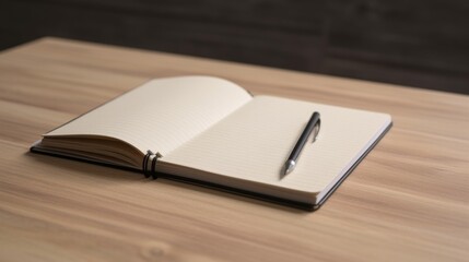 Open notebook and pen on a wooden desk.