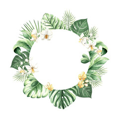 Watercolor tropical leaves and white orchid flowers isolated illustration of round frame. Floral wreath for summer rainforest designs. Hand drawn clipart of monstera, phalaenopsis and jungle plants.