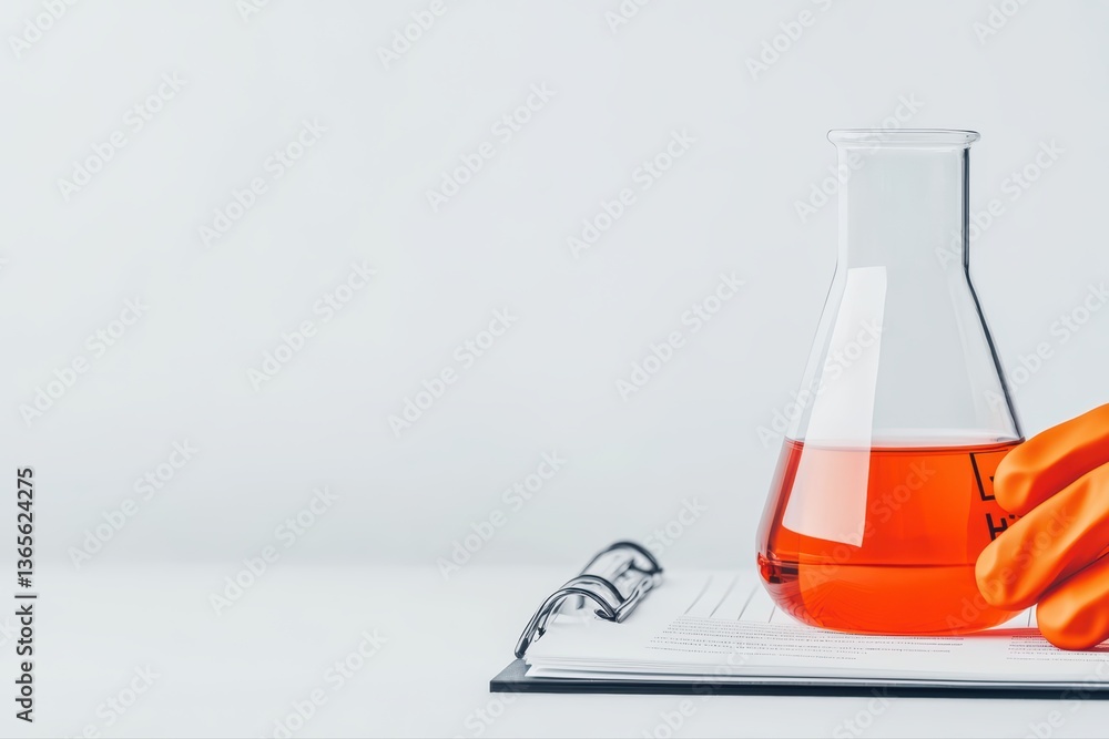 Poster laboratory experiment with orange liquid in flask