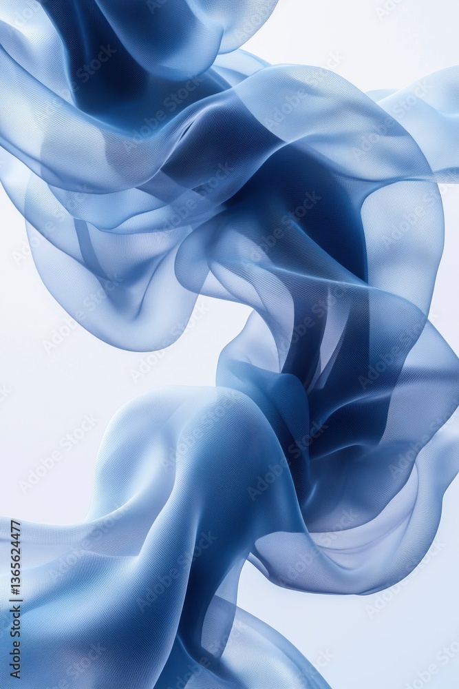 Poster a flowing abstract composition of translucent blue fabric, creating soft waves and curves against a 