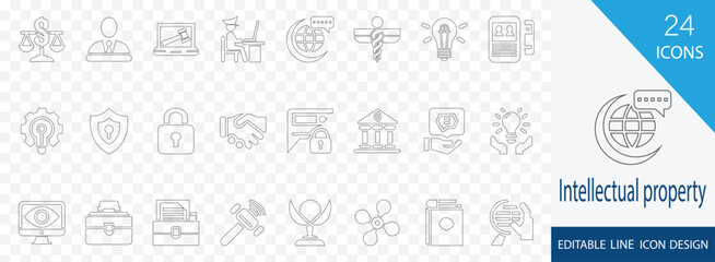 Intellectual property outline icon set. containing  bulb,  law, trademark, copyright, license, original and more icons. solid illustration 