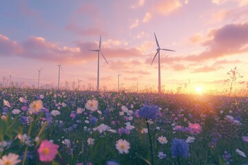 A serene landscape featuring wind turbines in a field of colorful wildflowers during sunset. The sky is painted in soft pink and orange hues, creating a tranquil atmosphere.