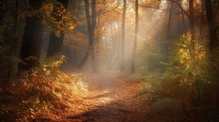 Fototapeta premium Serene forest path illuminated by autumn light.