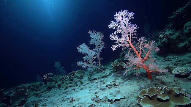 Conservation of Lophelia Coral Lophelia pertusa Cold Water Reef Builders Depict sprawling Lophelia Coral reef growing dark Atlantic depth teeming deep sea fish octopus brittle star conservationist map