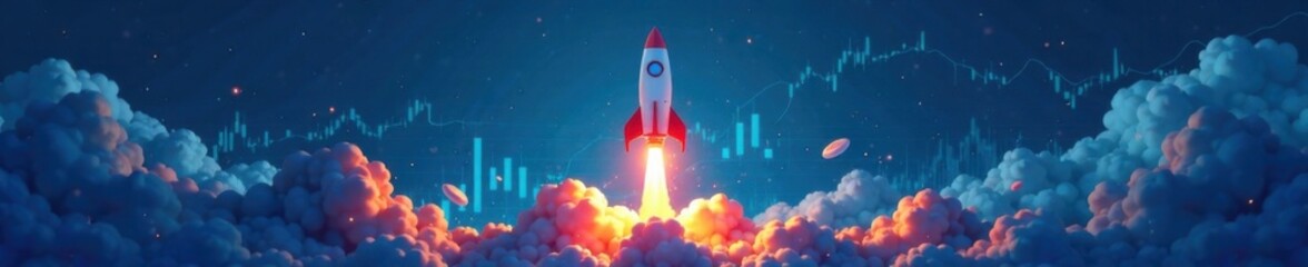 Rocket blasting off from a launchpad amidst financial charts and graphs on a blue background , growth, finance, success