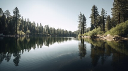 Obraz premium Serene lake surrounded by tall trees and reflections.