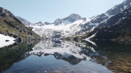 Obraz premium Serene mountain lake reflecting snow-capped peaks.