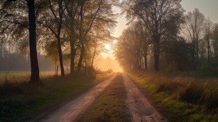 Fototapeta premium Serene sunrise over a forest path in nature.