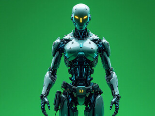 Fototapeta premium Futuristic metallic robot standing against a green screen background with glowing eyes.