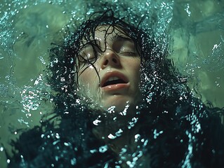 Portrayal of a woman underwater, expressing fear and desperation, sinking in a turbulent embrace of water