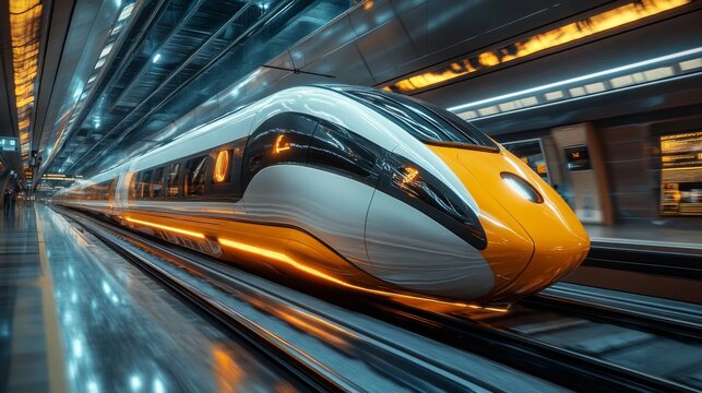The sleek high speed maglev train is positioned on the tracks of a contemporary transport hub, showcasing innovative design and automated features, ready for its next journey.