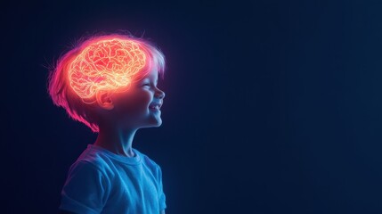 Obraz premium A Child with Glowing Brain Graphic Representing Imagination, Creativity, and Intelligence in a Dark Background
