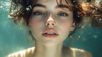 Woman with brown hair captures ethereal beauty while submerged in tranquil waters illuminated by natural light