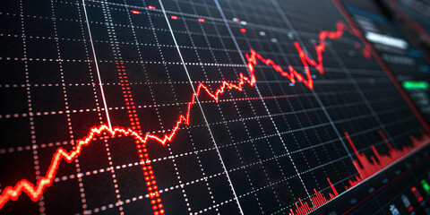 A digital stock market chart displaying a fluctuating upward trend with red and black colors, indicating financial data analysis.
