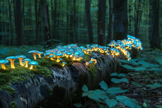 Conservation of Luminous Mushrooms Panellus stipticus Enchanted Glow of Forest Floor Depict fallen tree trunk covered bioluminescent mushroom emitting eerie blue green light researcher investigate