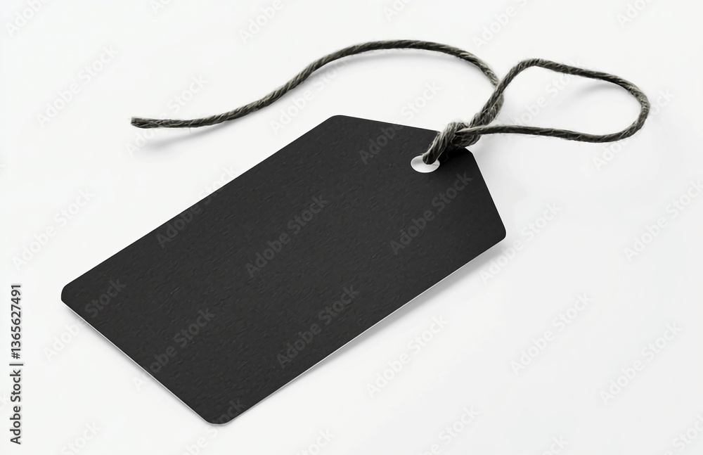 Poster a close up of a black tag with a string on a white background in a studio setting with soft lighting