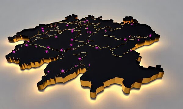 A glamorous, stylized 3D map of Switzerland with gold and purple highlights and glow.