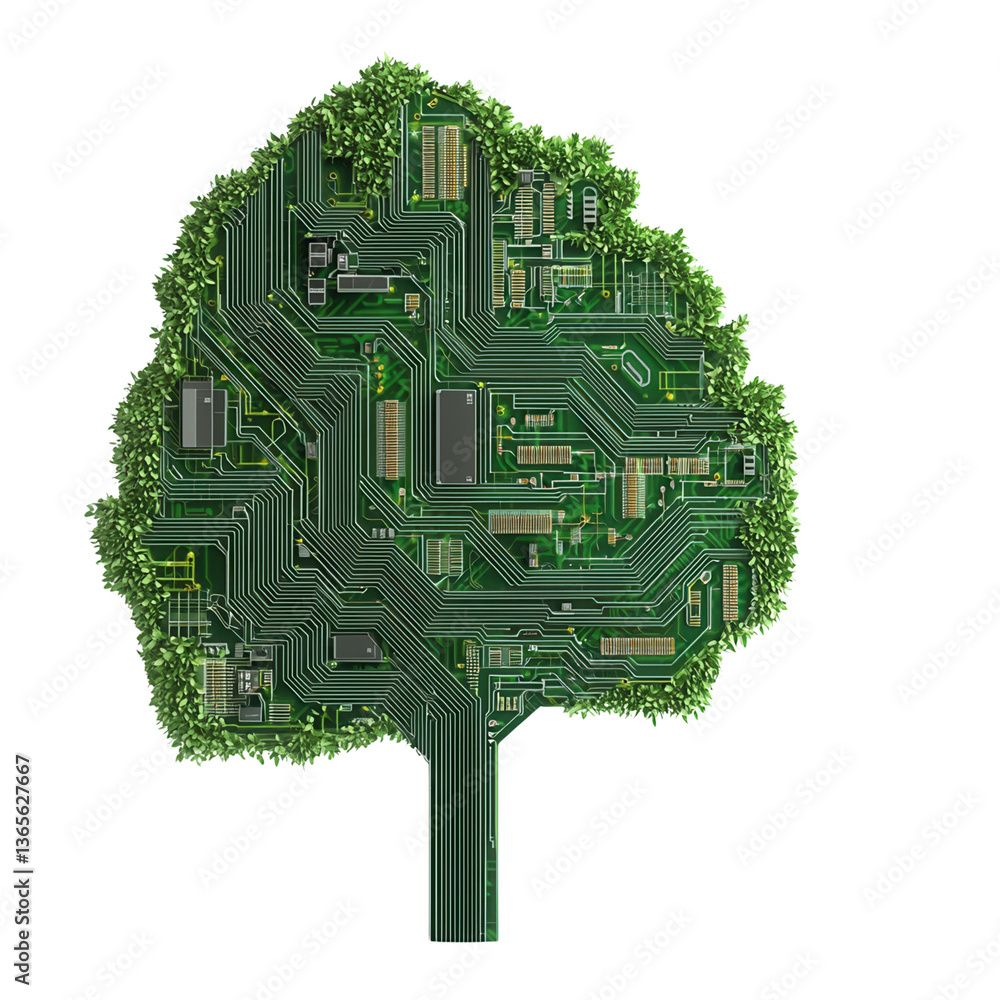Aufkleber tree design integrated with circuit board elements on a black background.