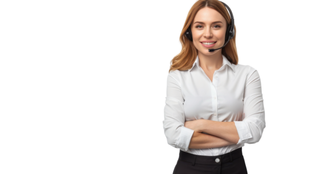 Smiling customer service representative wearing headset with transparent background
