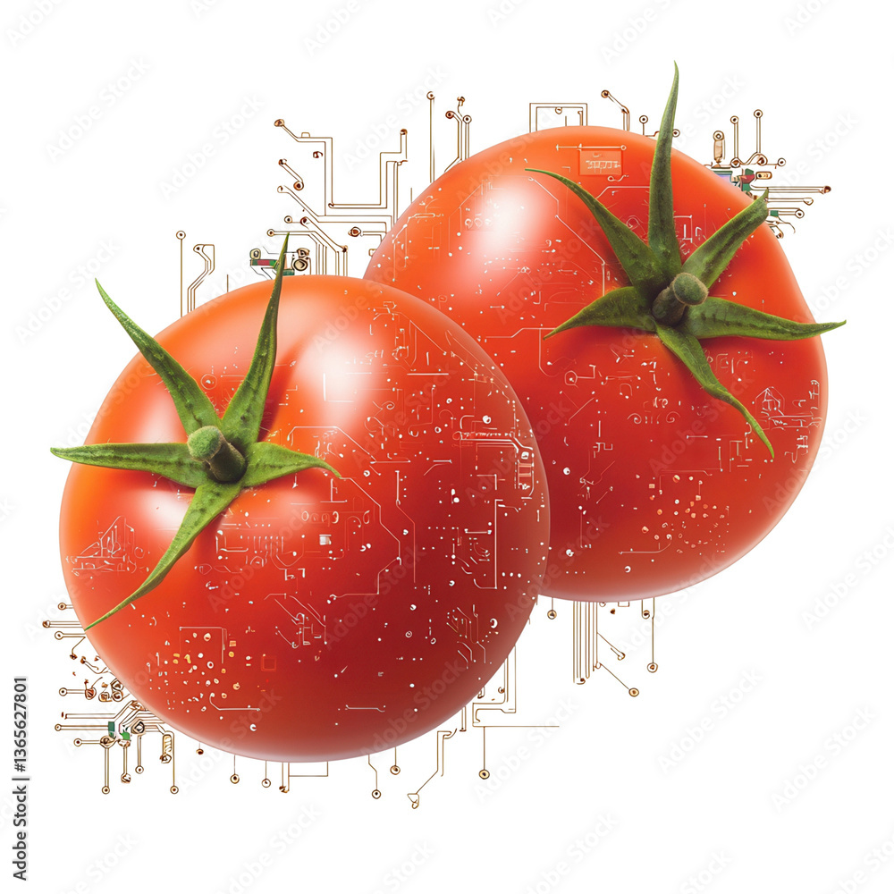 Poster futuristic tomatoes with circuit patterns on a black background.
